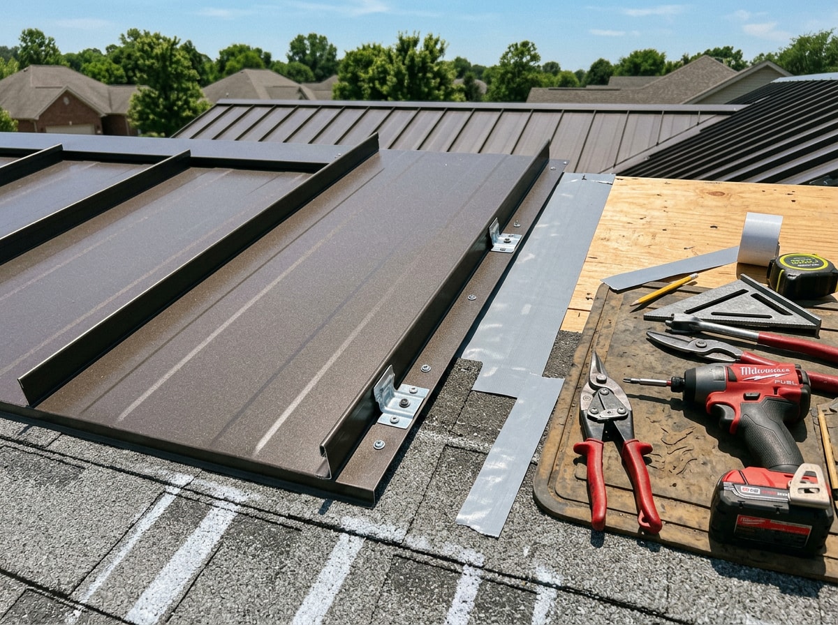 Aluminum standing seam metal roof installation on a home in Ellicott City, Maryland