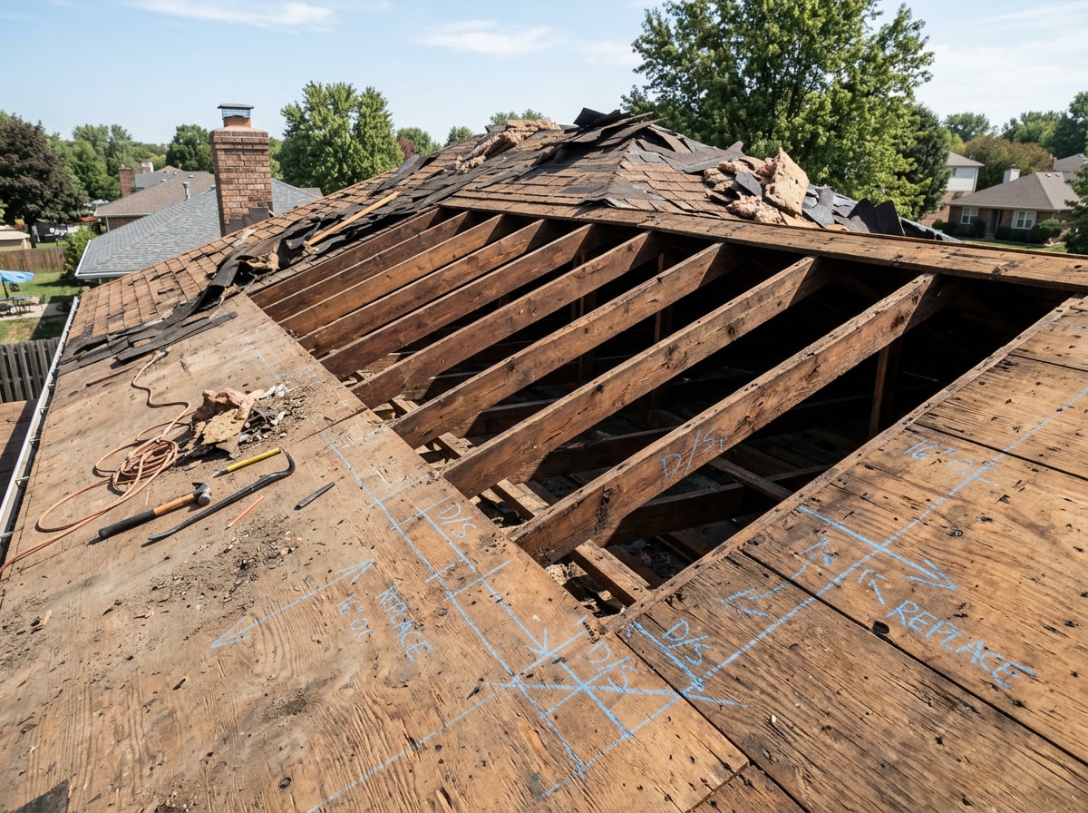 Roofing contractor inspecting a residential roof deck before an aluminum roof installation in Ellicott City