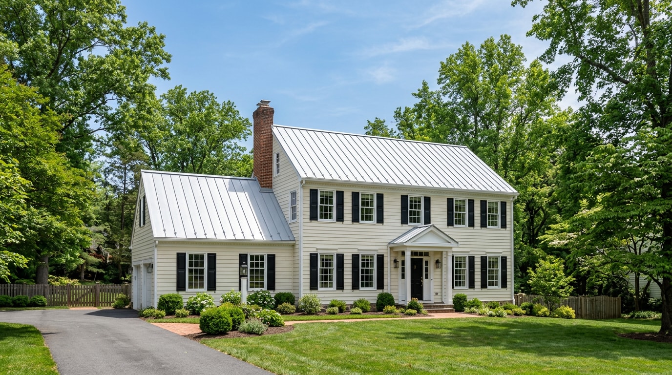 Colonial home with a newly installed aluminum standing-seam metal roof in Ellicott City, Maryland