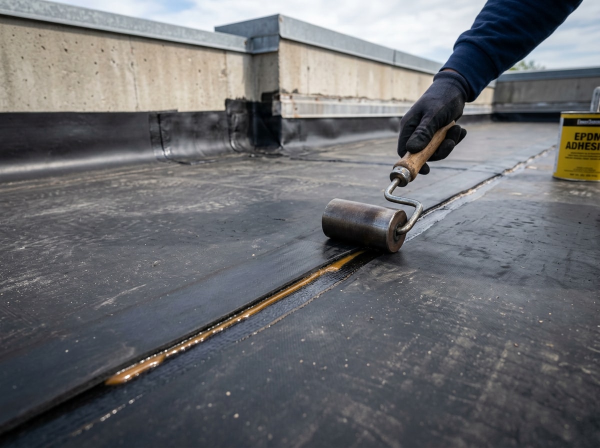 Flat roof technician applying sealant to a membrane seam on a Towson, MD home