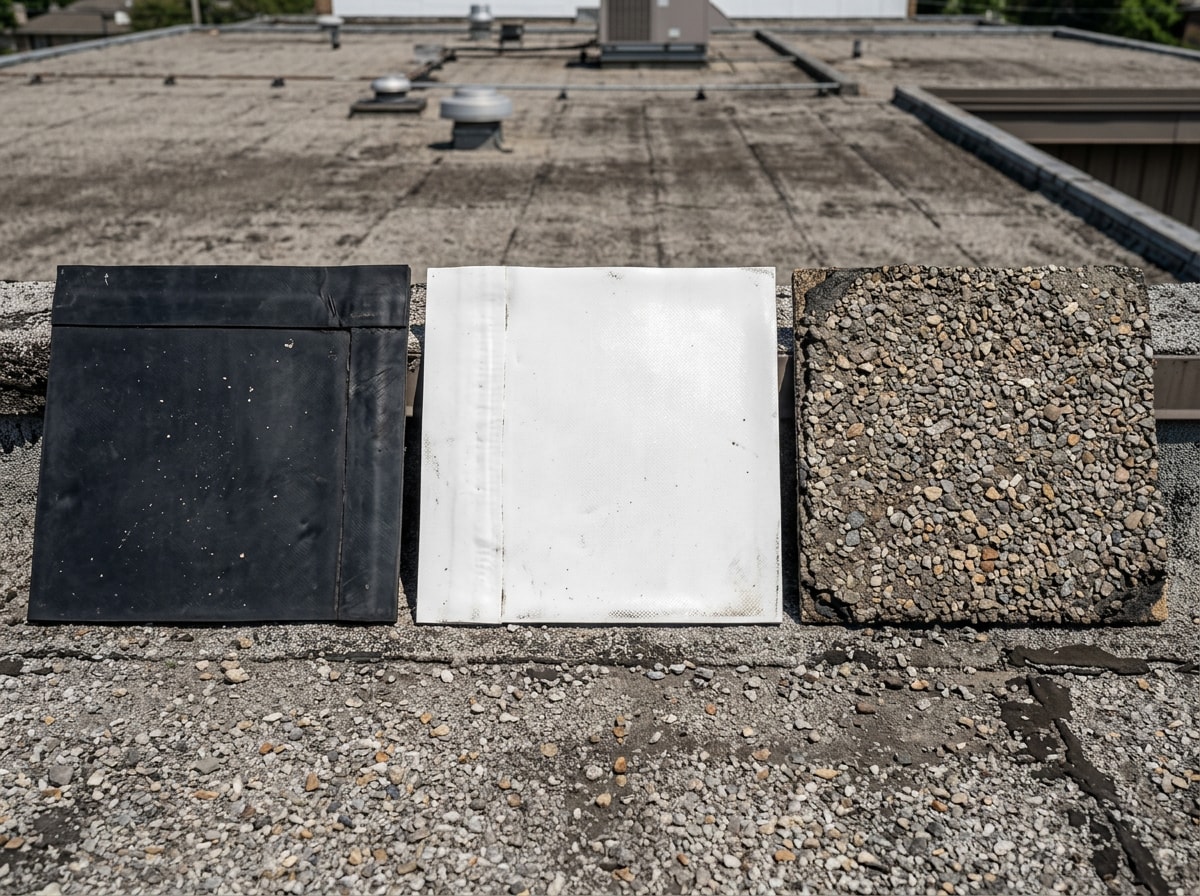 Close-up comparison of EPDM, TPO, and built-up flat roof membrane materials