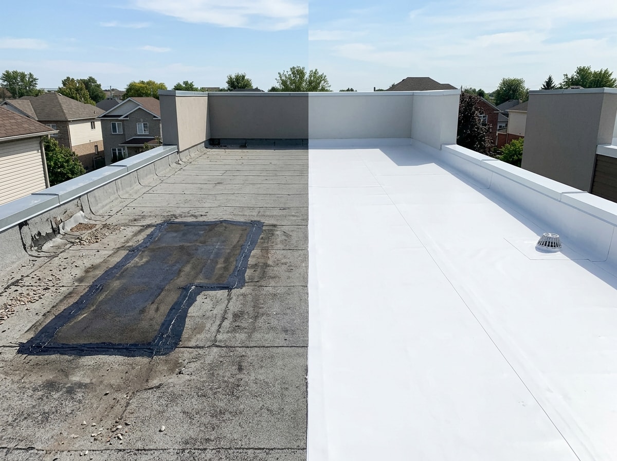Decision chart comparing flat roof repair versus full roof replacement based on age and damage extent