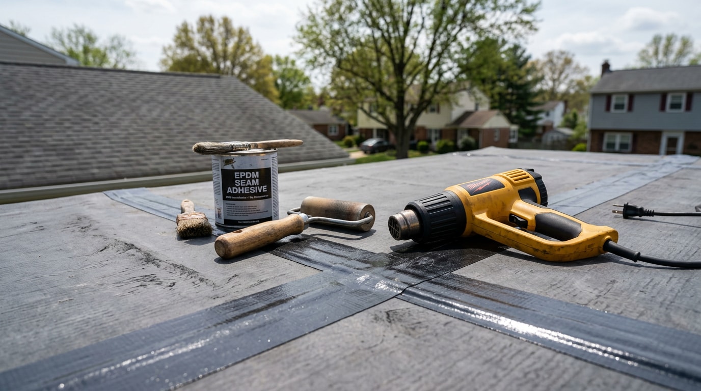 Flat roof repair in progress on a residential home with EPDM membrane patch and tools