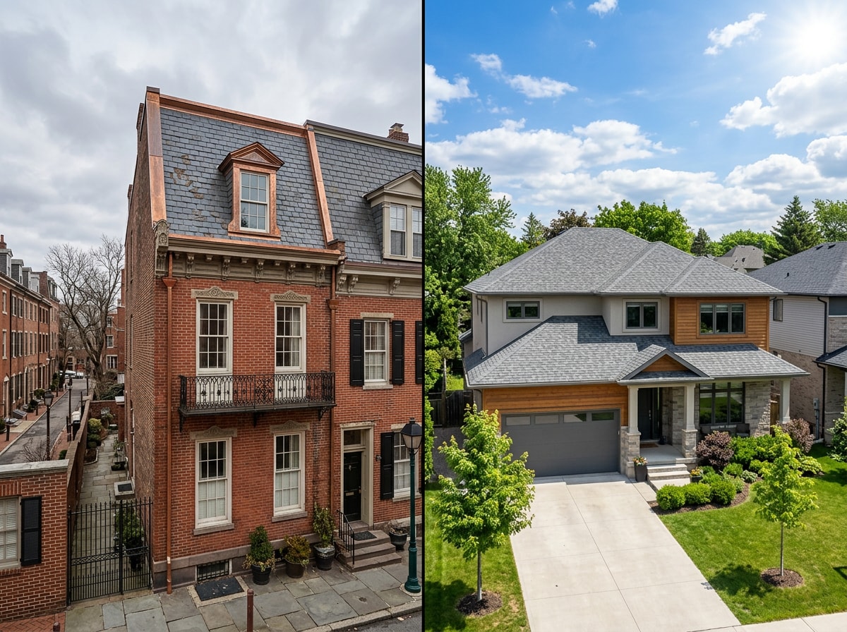 Side-by-side comparison of a historic slate roofline in downtown Frederick MD and a modern architectural shingle roofline in a Frederick County subdivision