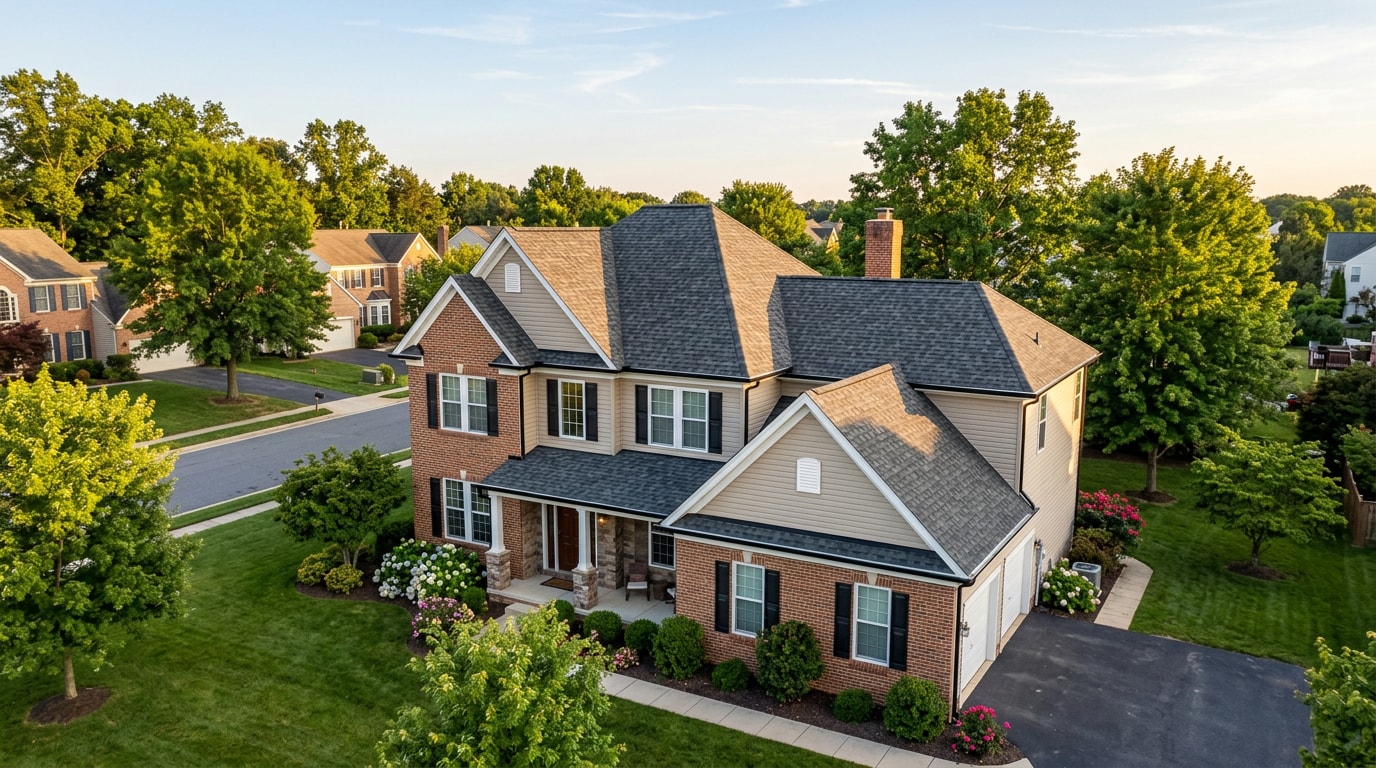 Finished architectural shingle roof on a suburban home in Frederick, MD Finished architectural shingle roof on a suburban home in Frederick, MD