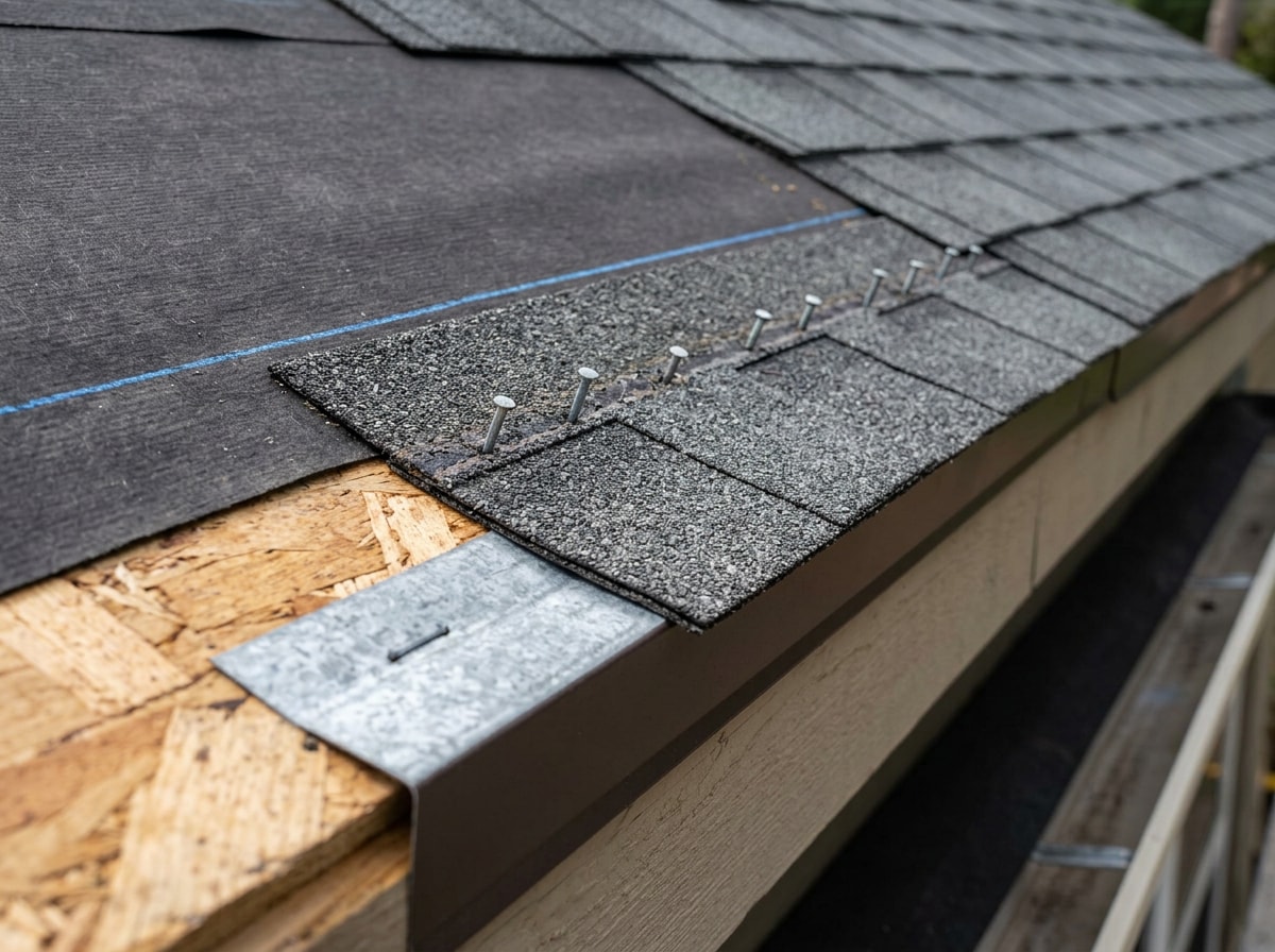 Starter strip shingle alignment diagram showing drip edge overhang and nail spacing along the eaves