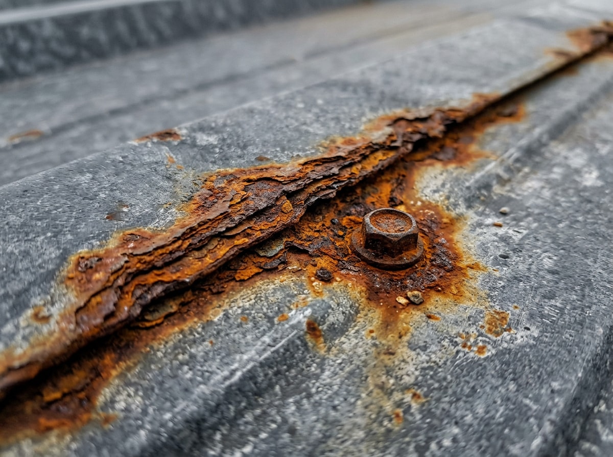 Close-up of rust and corrosion along a metal roof panel seam