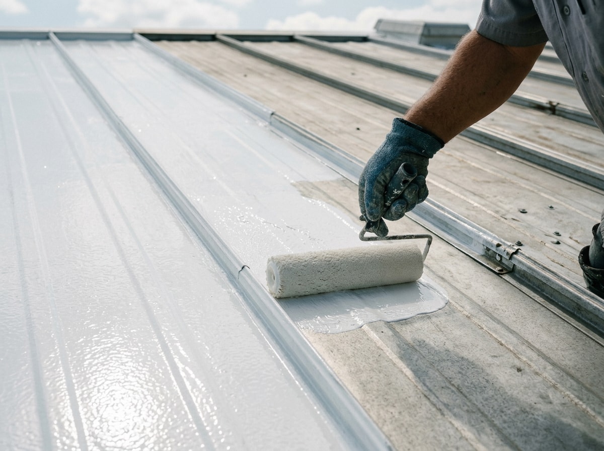 Technician applying protective roof coating to a restored metal roof panel
