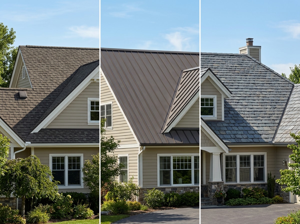 Comparison of architectural shingle, metal, and slate roofing options on Ellicott City homes