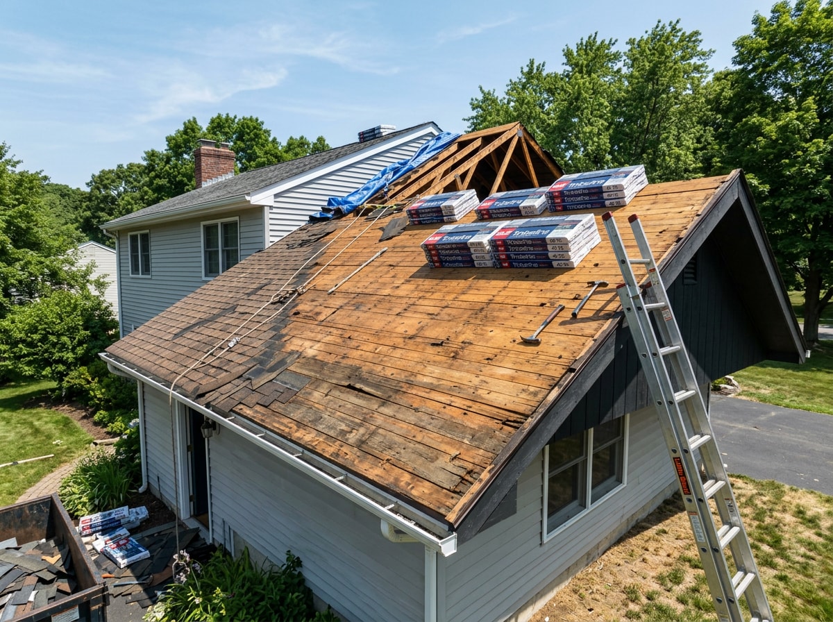 Roofing crew tearing off old shingles during a roof installation day in Ellicott City