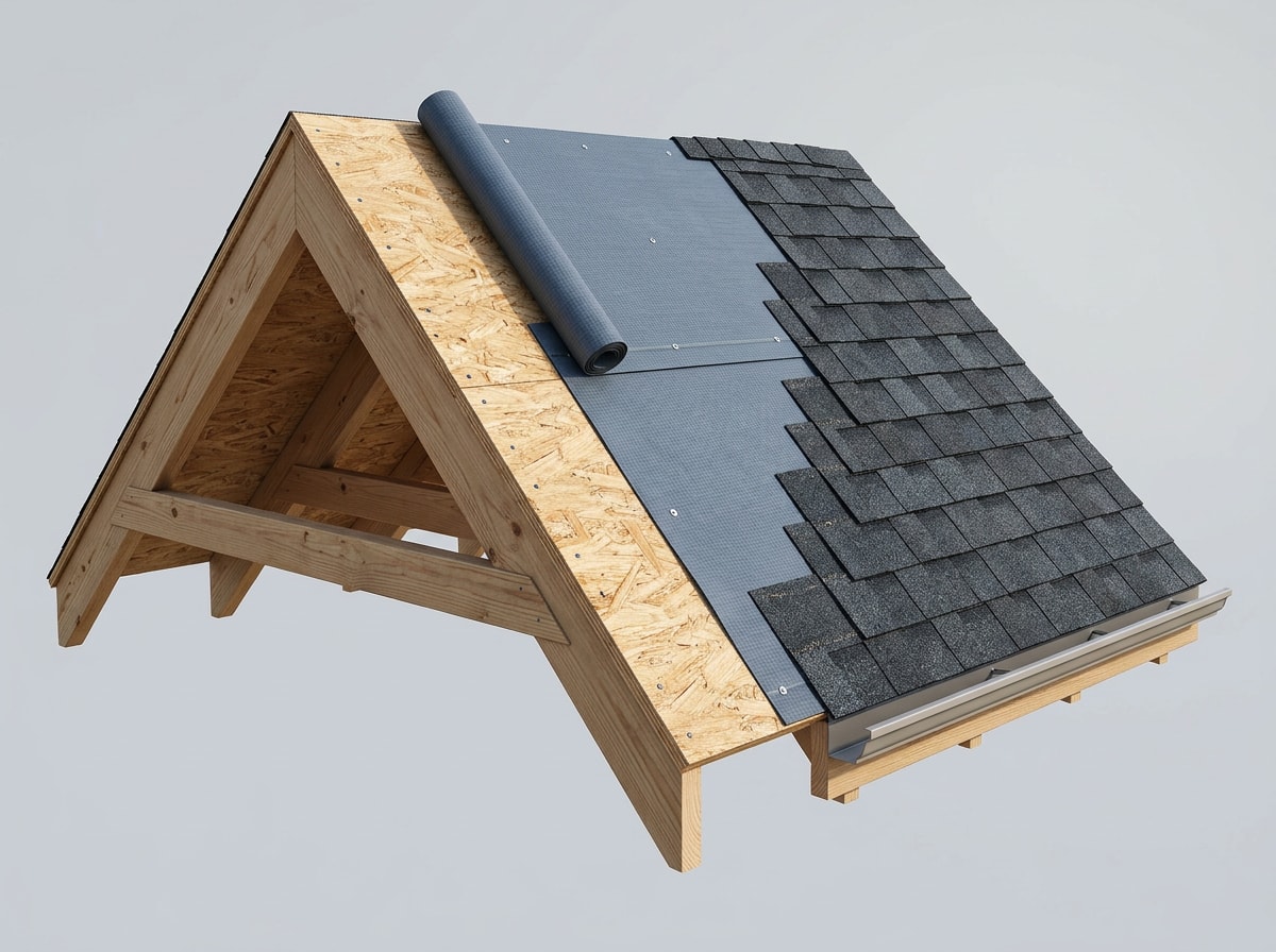 Cross-section diagram of a roof showing decking position between rafters and shingles