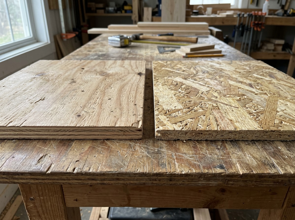 Side-by-side comparison graphic of plywood versus OSB roof decking panels