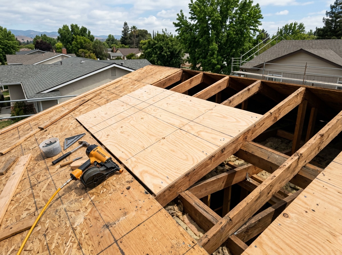 New plywood roof decking panel being nailed into place over exposed rafters