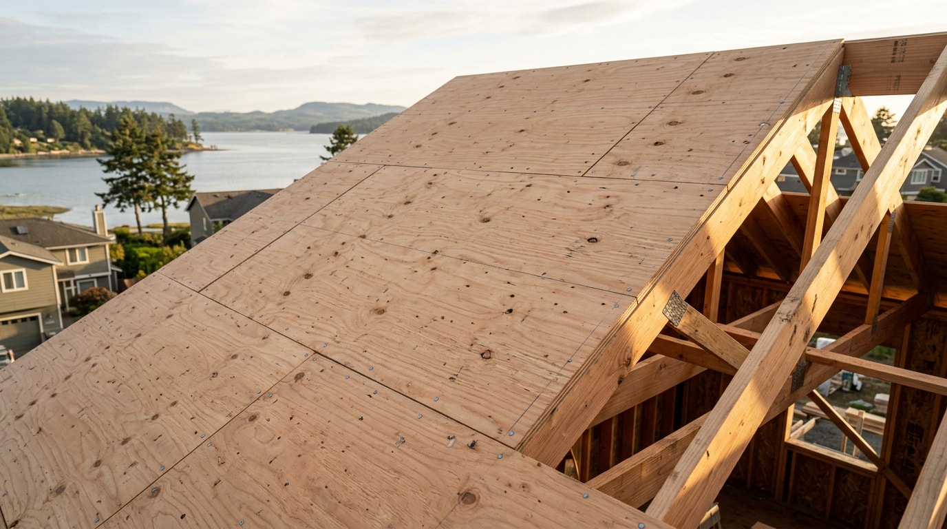 Newly installed plywood roof decking over rafters on an Annapolis-area home