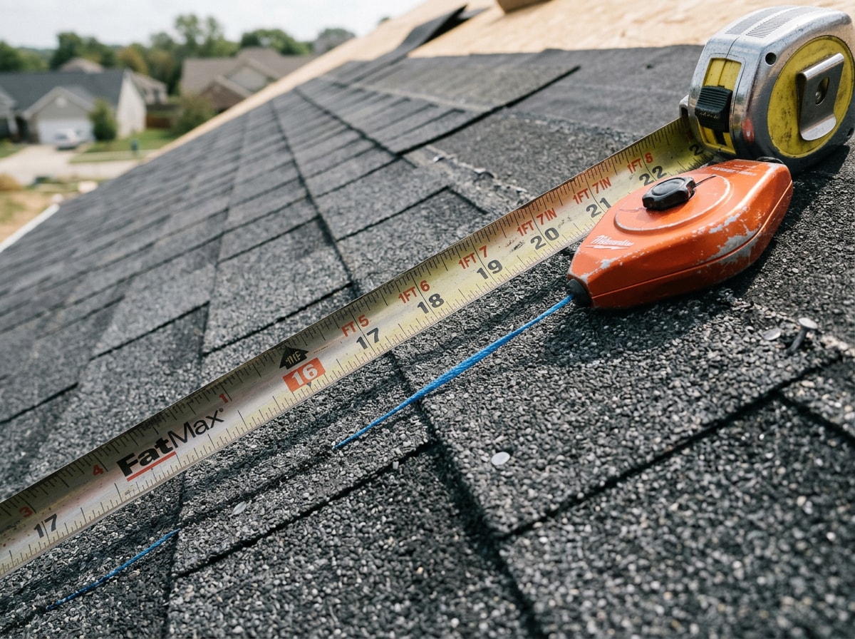 Tape measure and chalk line laid across new architectural shingles on a sloped residential roof