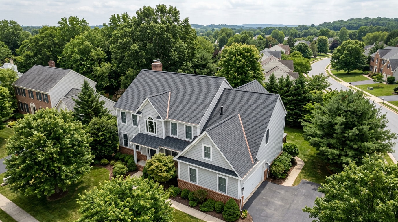 Aerial view of a newly installed asphalt shingle roof on a Columbia, MD home