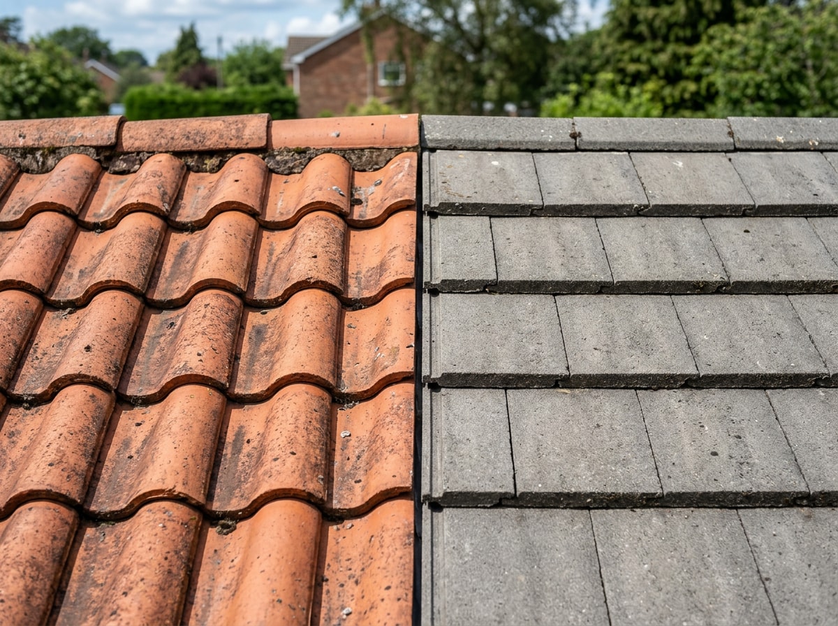 Close-up comparison of clay tile versus concrete tile roofing materials used in Potomac, MD homes