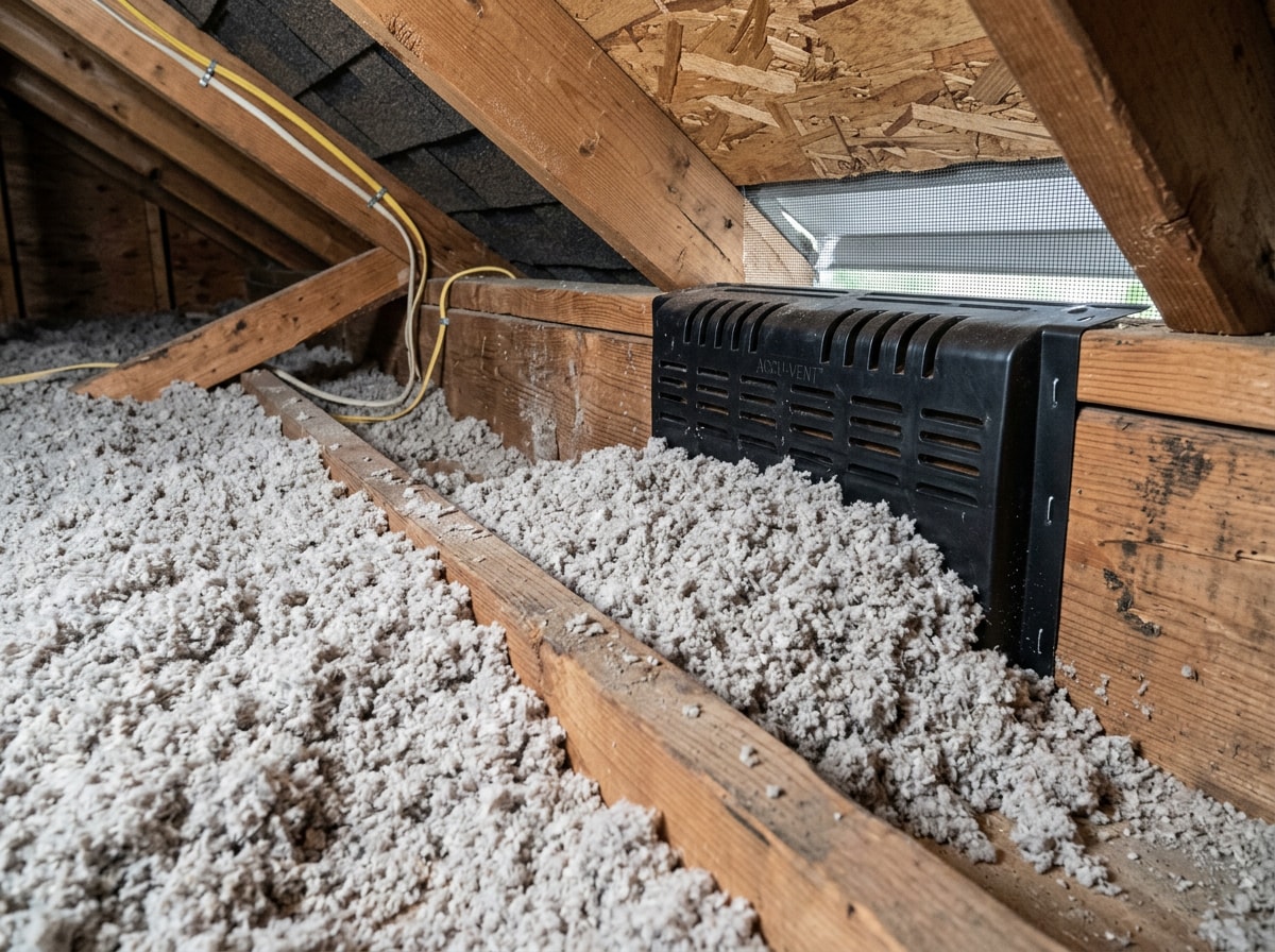Attic floor insulation installed around a vented soffit baffle