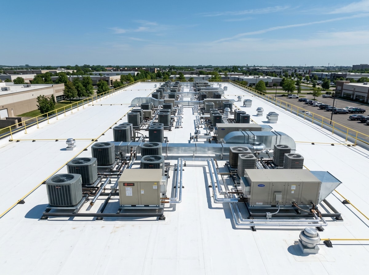 Flat commercial roof with rooftop HVAC units and a white TPO membrane