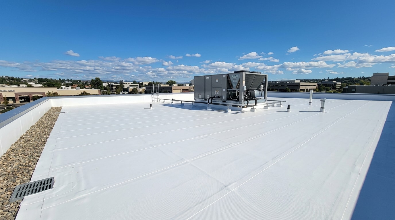 White TPO membrane commercial flat roof with heat-welded seams in Crofton, Maryland