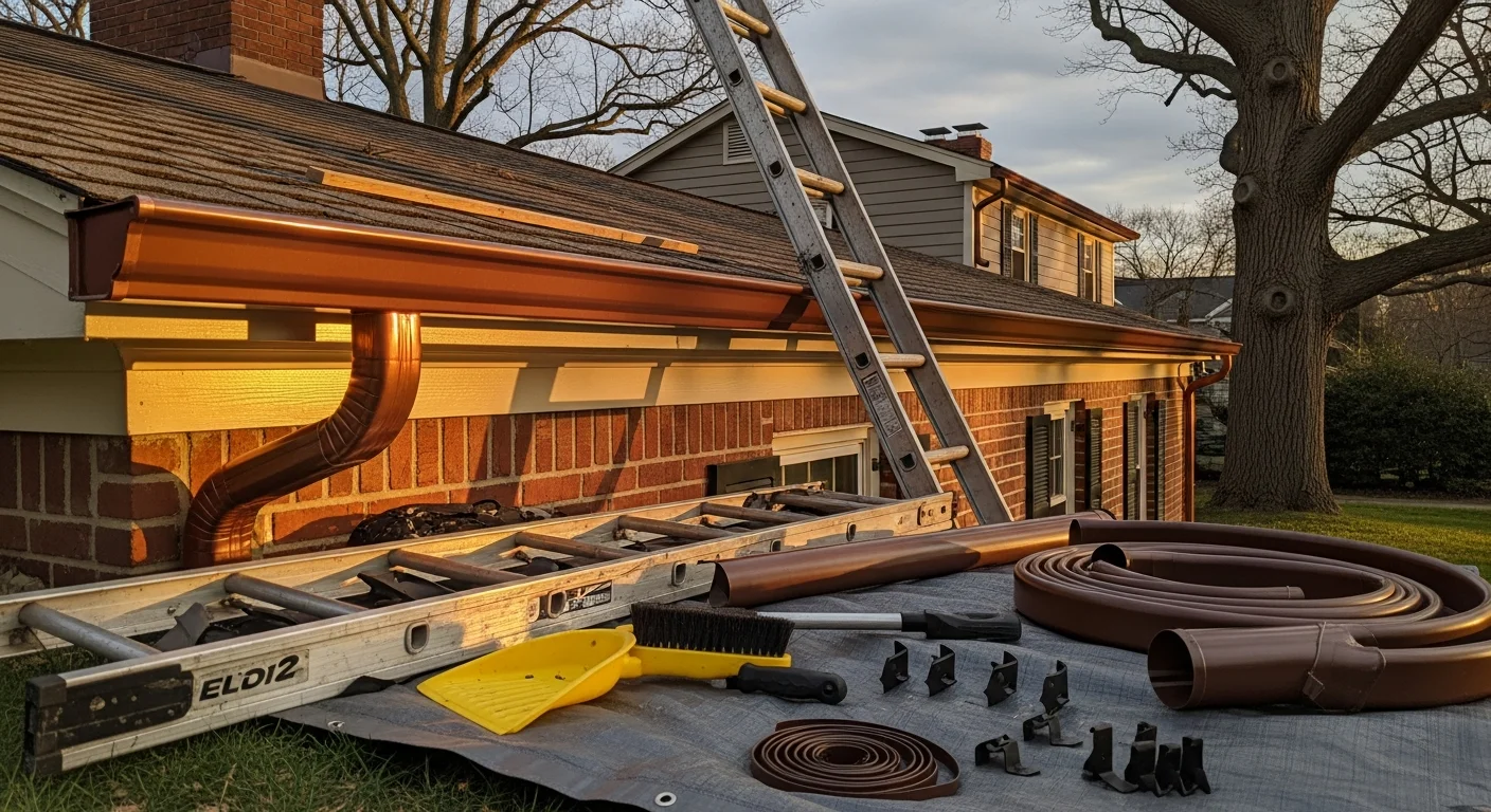 New gutters installed along roofline of residential home