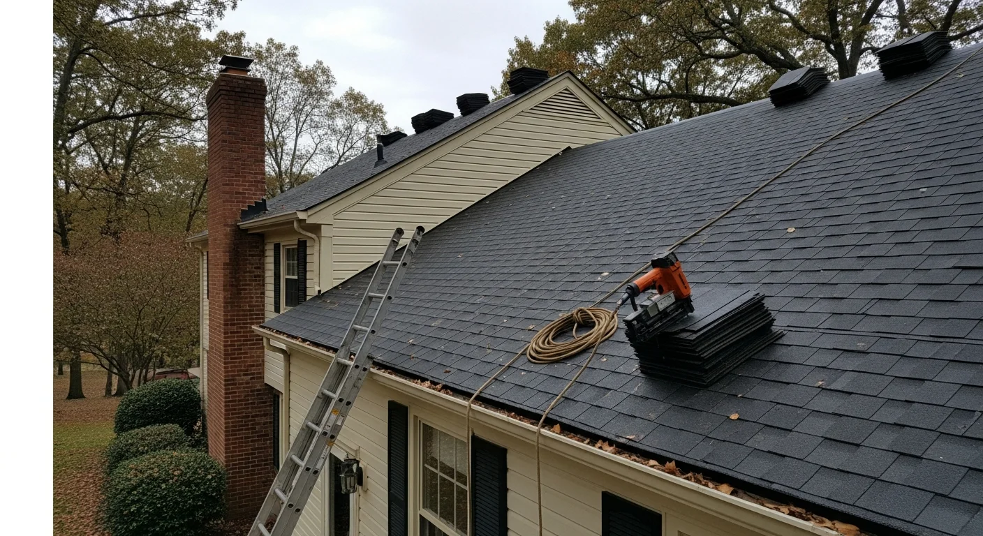 Professional roofer installing new shingles on residential home