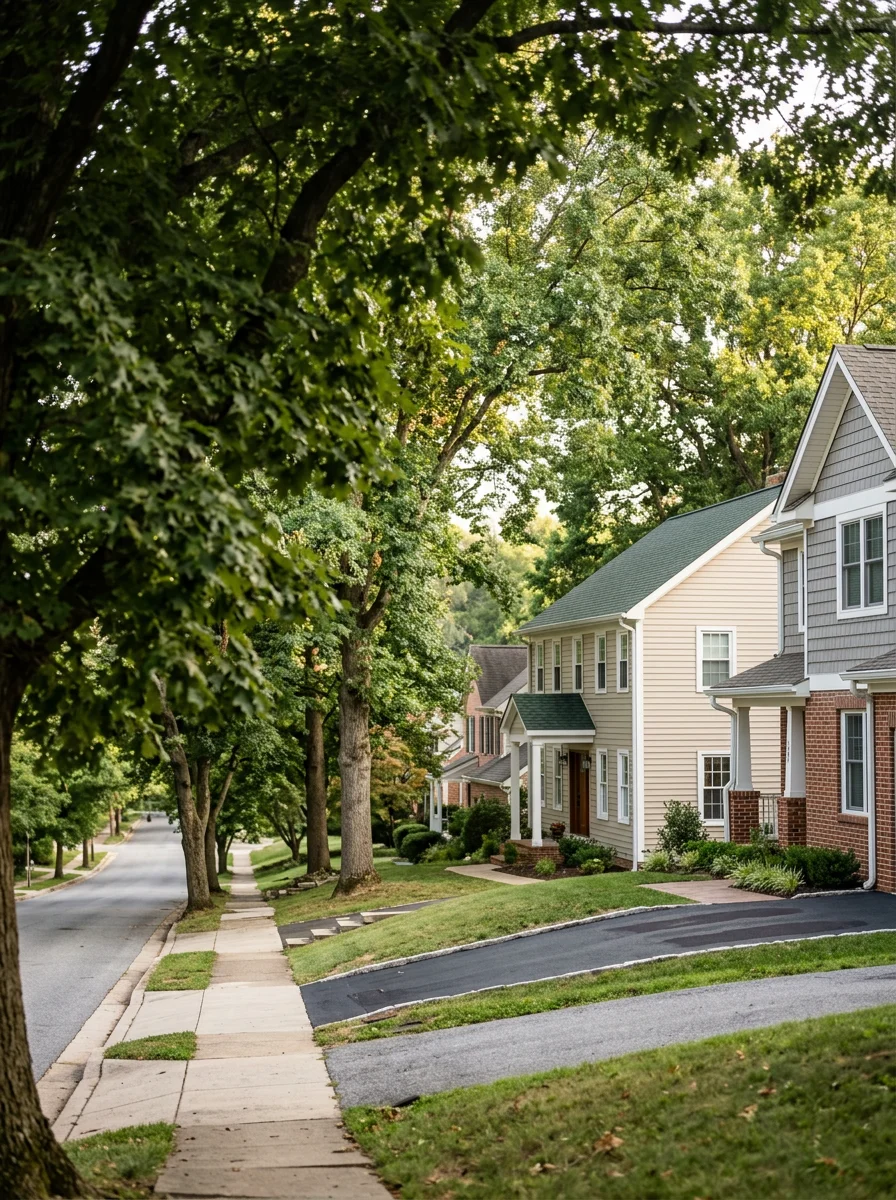 Residential homes in Ellicott City with mature trees and suburban landscape