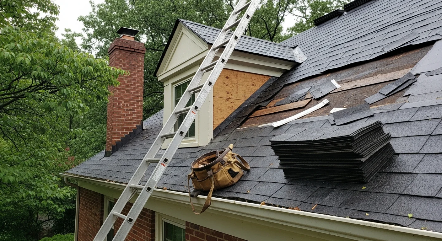 A Bethesda Maryland home with visible storm damage to the roof, including displaced shingles and an exposed section near a dormer, with an Eagle Bay LLC crew performing emergency repair work on the roof surface.