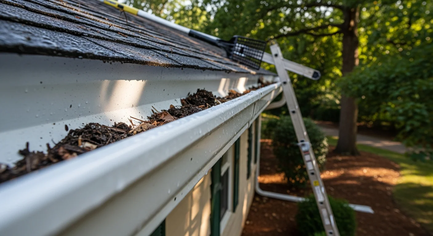 A gutter technician clearing packed leaves and debris from a residential gutter trough on a two-story home in Bethesda, MD. The cleaned section shows an open, unobstructed channel with a clear downspout ready to drain rainwater away from the foundation.