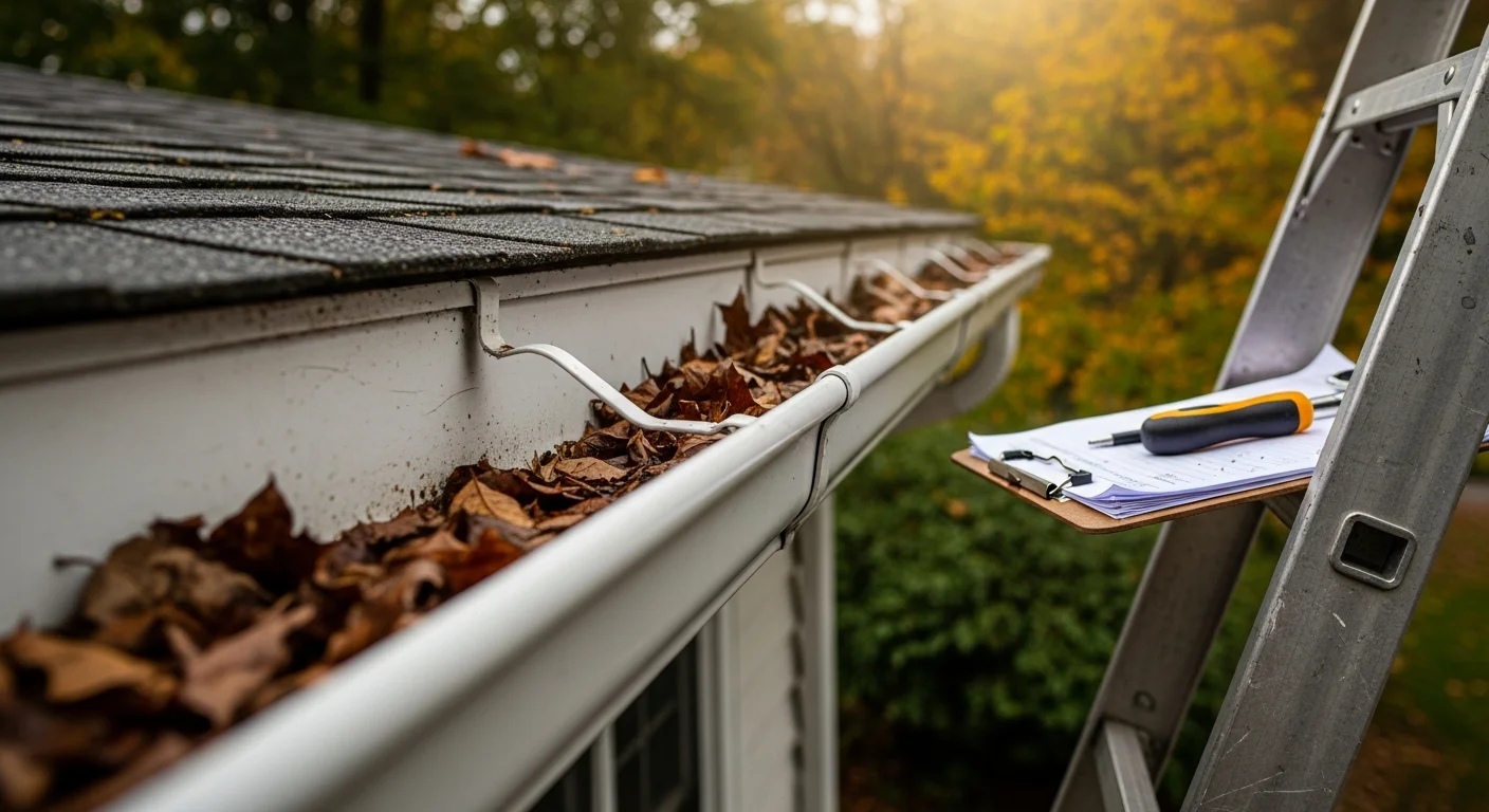 A gutter technician from Eagle Bay LLC inspecting a residential gutter system on a Bethesda, MD home, checking a downspout connection along a brick exterior with mature trees visible in the background. Close-up view shows debris buildup and a separated seam being examined on a colonial-style home.