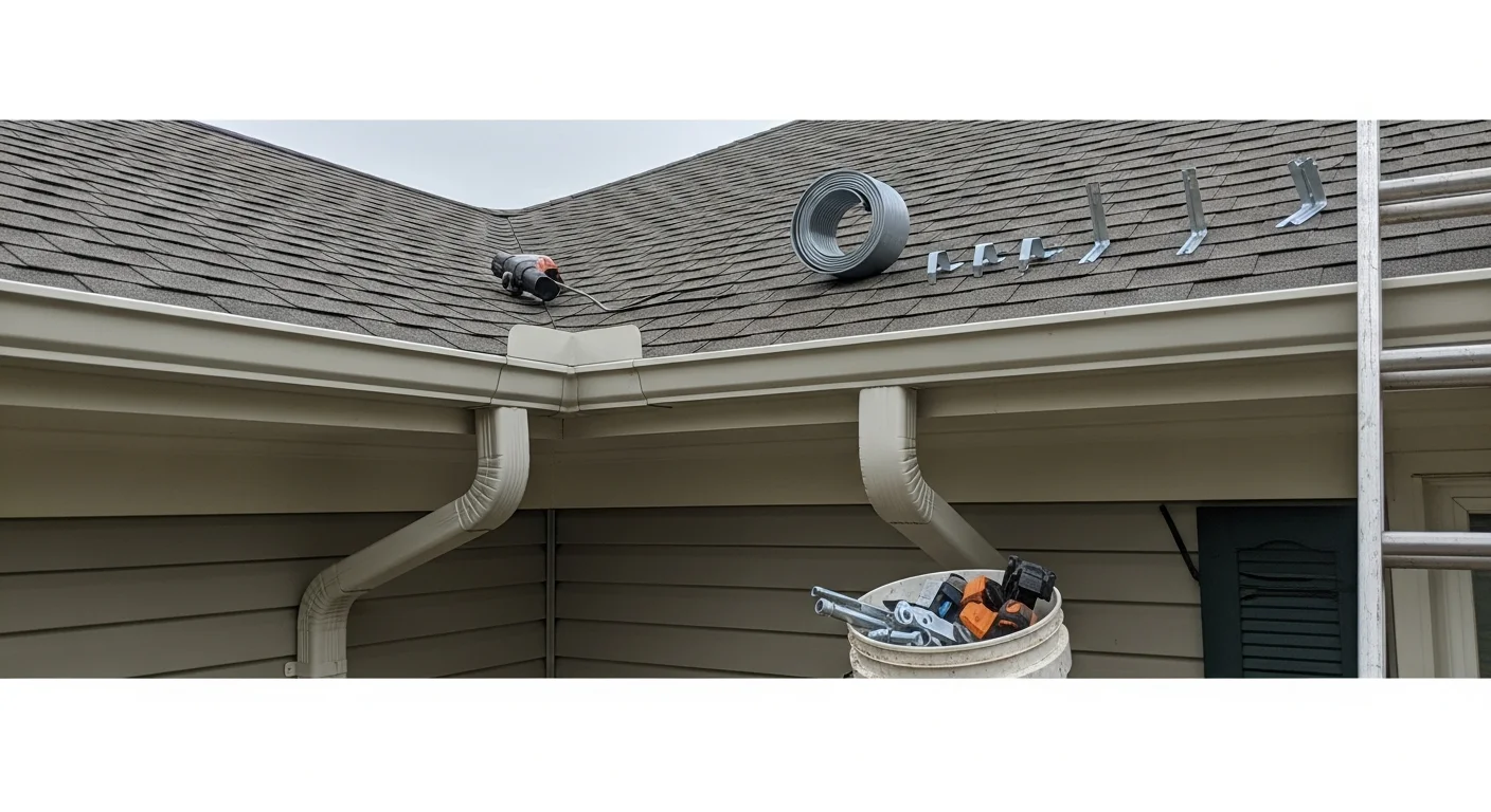 New gutter system installed along the roofline of a residential home in Bethesda, MD, with a downspout routed away from the foundation. Close view shows clean fascia attachment and properly angled gutter channel on a colonial-style exterior.