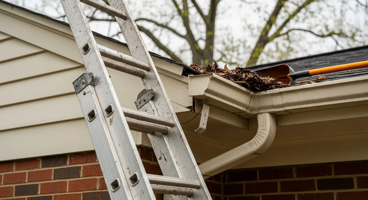 A gutter repair technician reattaching a sagging gutter section on a two-story Bethesda, MD home. The repaired gutter runs along a wood fascia board with mature trees visible in the background.