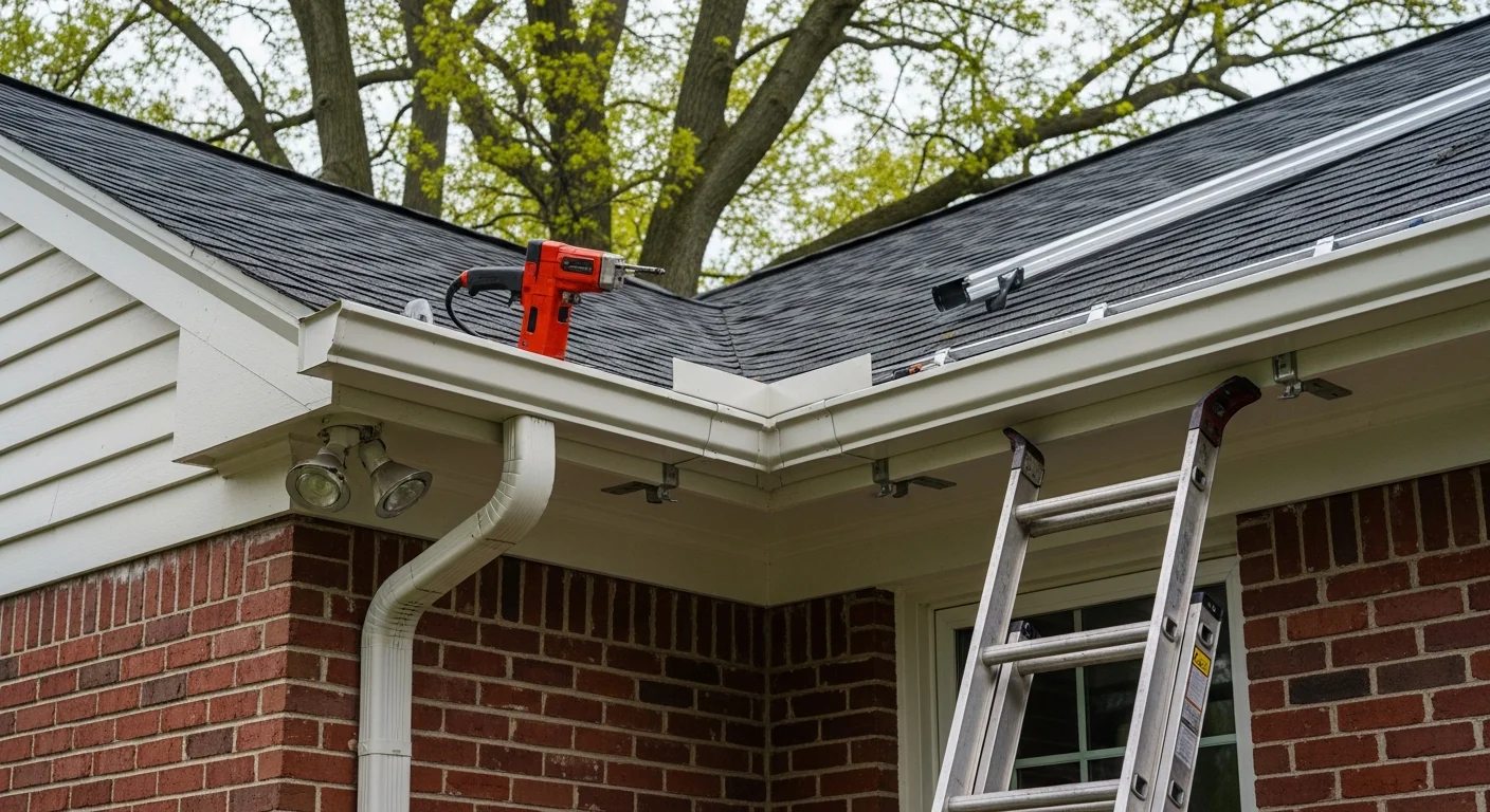 Newly installed gutters running along the roofline of a residential home in Bethesda, MD. The system shows clean fascia attachment and properly angled downspouts directing water away from the foundation.
