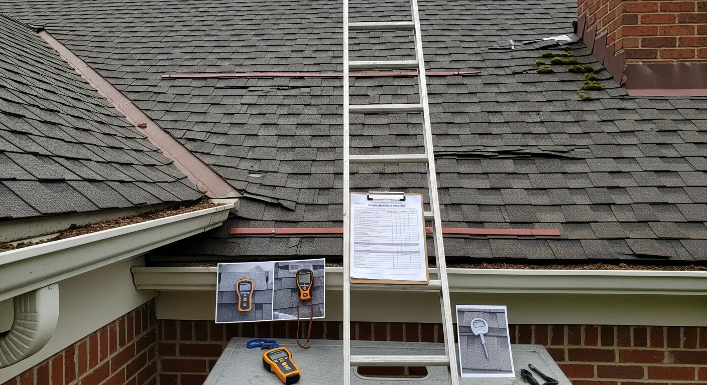 Eagle Bay LLC roofing contractor inspecting the shingles and flashing on a residential home in Bethesda, MD. The inspector examines the roof surface up close on a clear day with a Montgomery County neighborhood visible in the background.