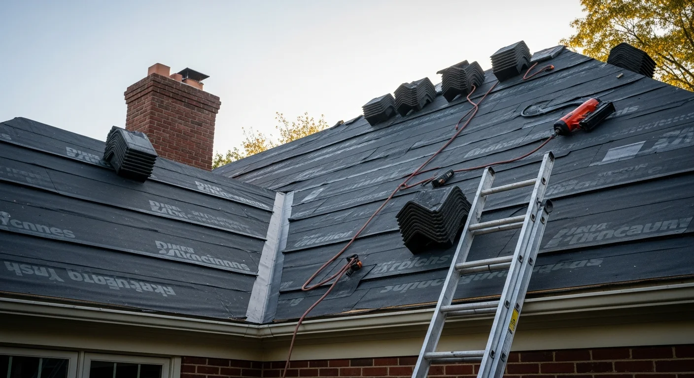 A completed residential roof installation on a two-story home in Bethesda, MD, showing clean shingle lines, new flashing at the chimney, and a finished ridge vent. The home sits on a tree-lined street typical of Montgomery County neighborhoods.
