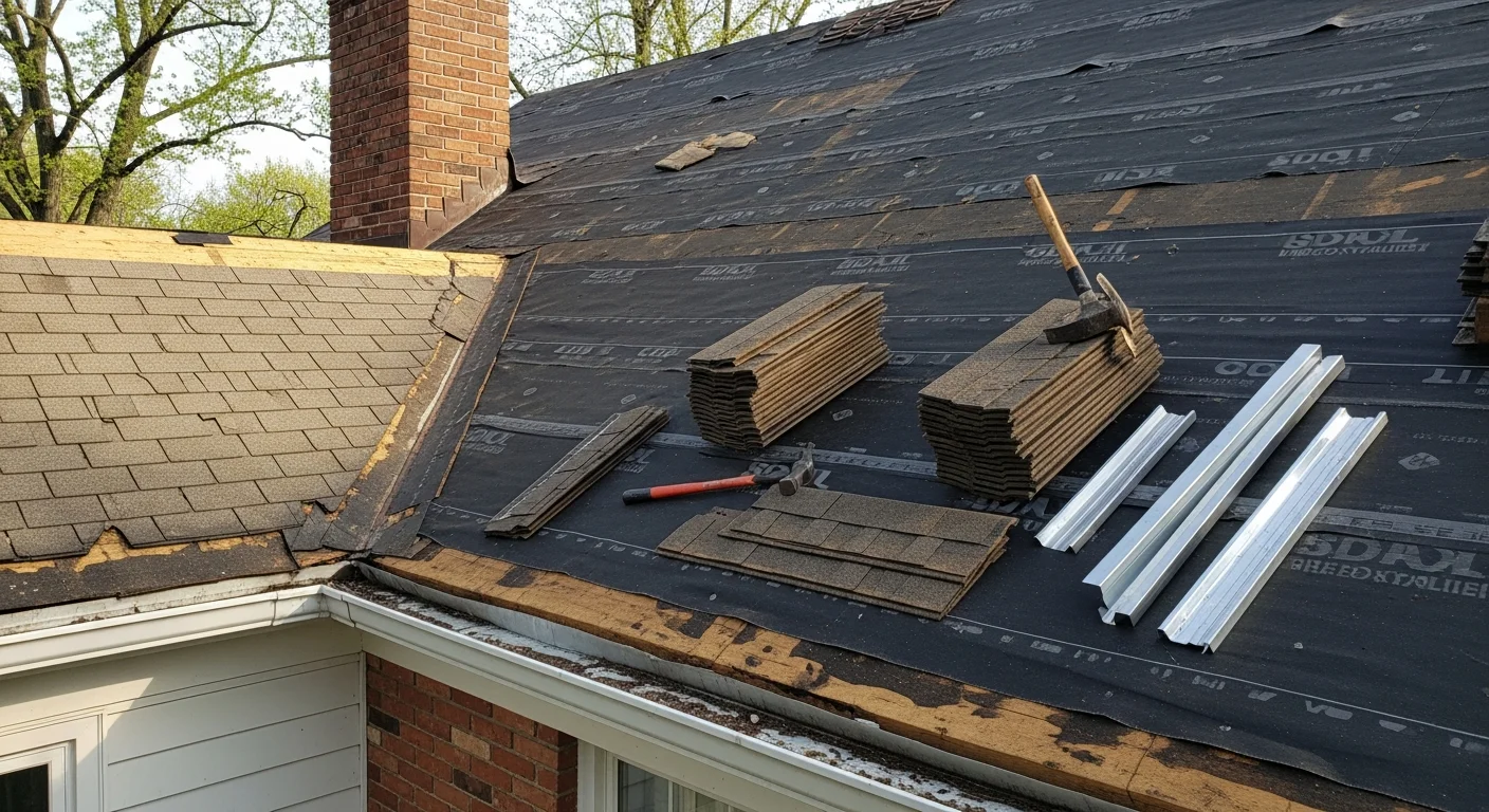 A roofing contractor repairing damaged shingles and flashing on a residential home in Bethesda, Maryland. Close-up view of a repaired chimney flashing and replaced shingle section on a colonial-style roof.