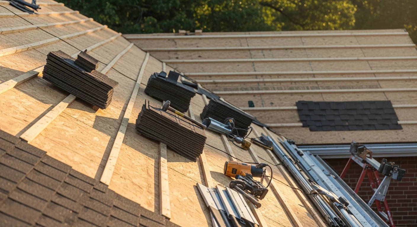 A completed roof replacement on a two-story residential home in Bethesda, Maryland, showing new shingles installed across the full roof deck with replaced flashing visible at the chimney and roof edges.