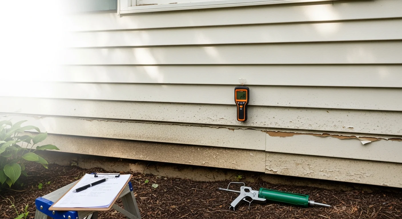 A siding contractor from Eagle Bay LLC inspecting the exterior panels of a residential home in Bethesda, Maryland, checking for cracks, moisture damage, and failing seams along the lower courses of siding.