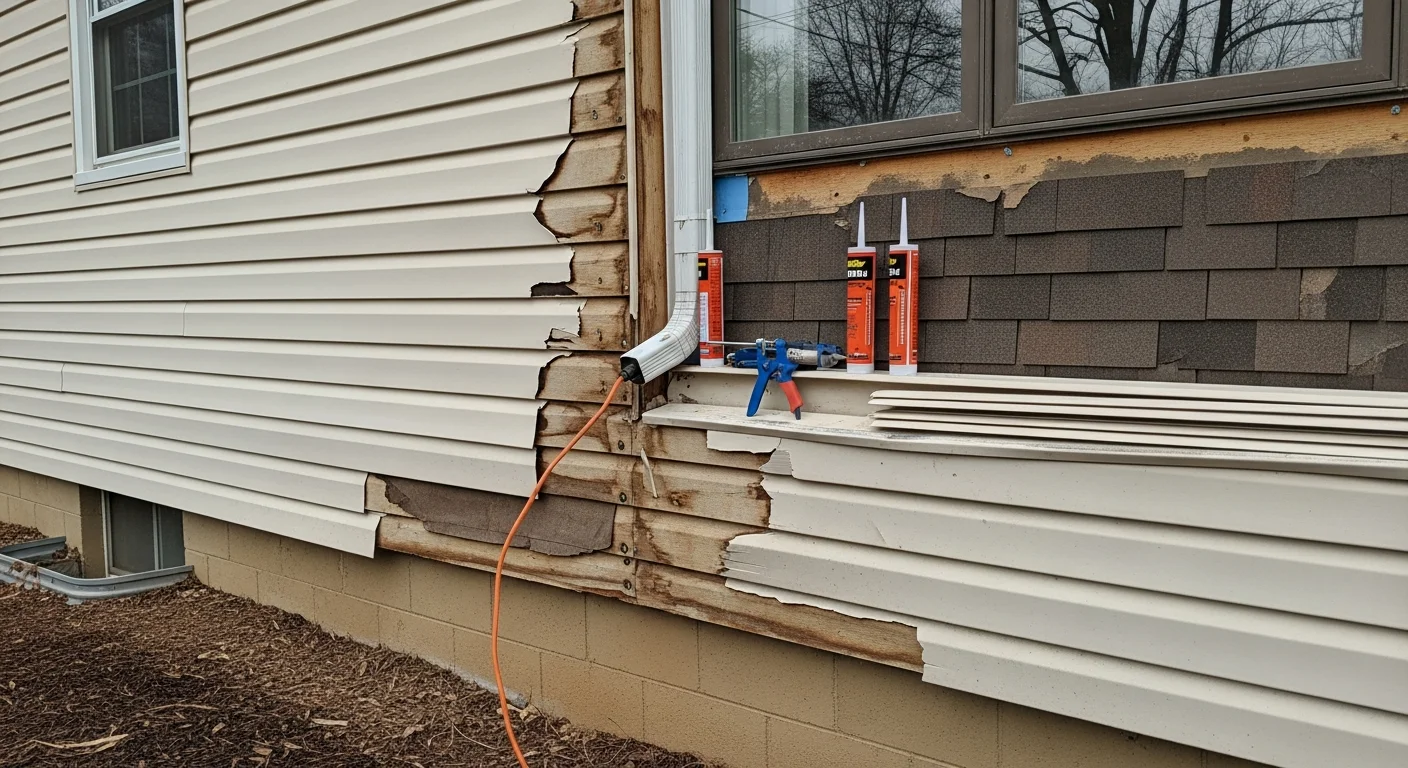 A Bethesda, MD home exterior showing repaired siding panels with clean seams and no visible cracking or warping. The repair blends with the surrounding original siding on a residential colonial-style home.