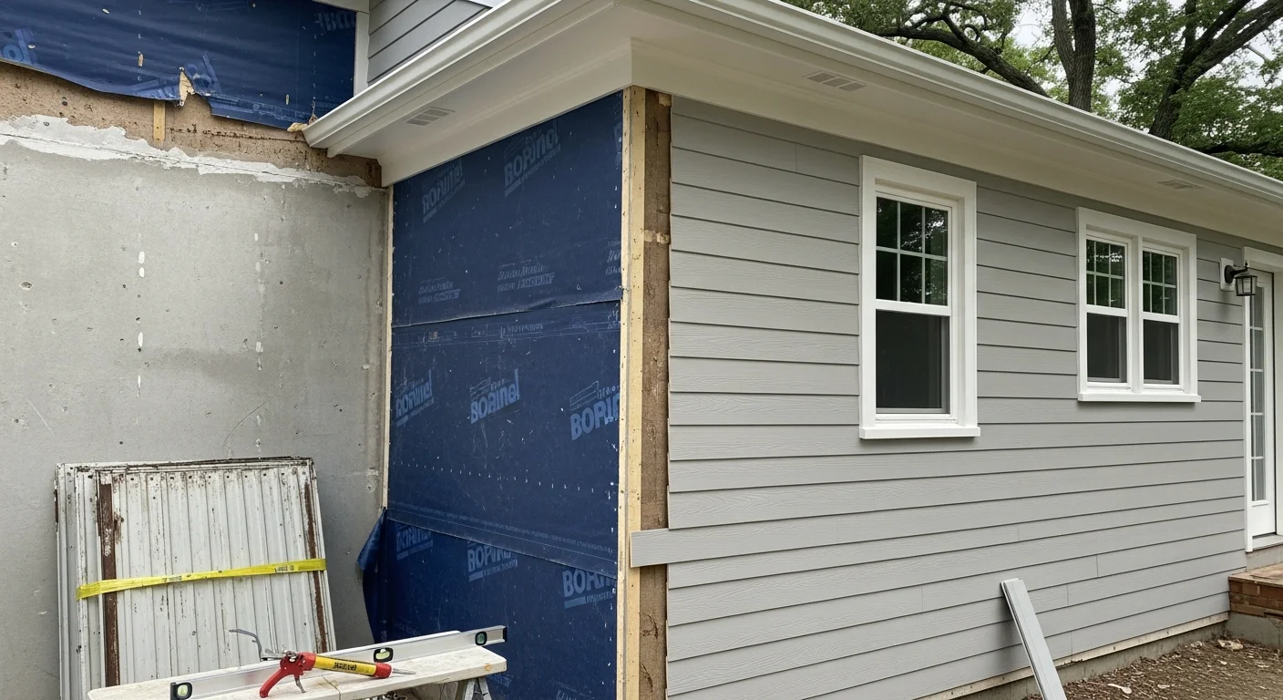 Freshly installed exterior siding on a two-story residential home in Bethesda, MD, with clean corner boards and finished window trim. The completed replacement shows consistent panel alignment and a weather-tight exterior on a tree-lined street.