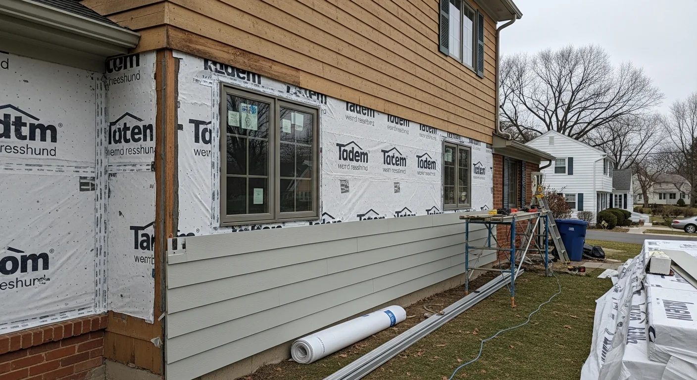 Freshly installed exterior siding on a mid-century single-family home in Bethesda, Maryland, showing clean panel alignment and new trim around windows and corners. The updated facade contrasts with the mature tree canopy typical of established Bethesda residential streets.