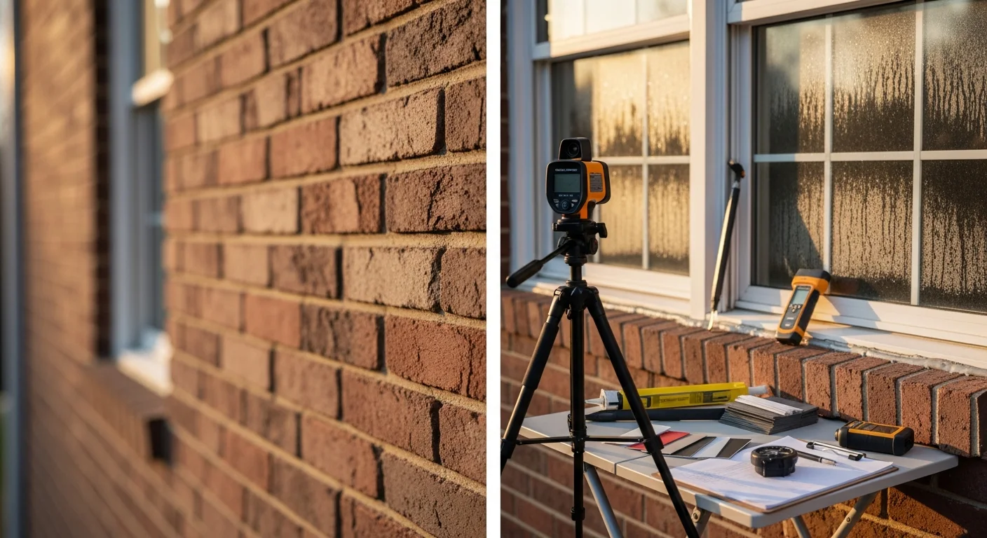 An Eagle Bay LLC technician inspecting the frame, sill, and glass seal of a double-hung window on a residential home in Bethesda, MD. The exterior frame and caulking line are visible during a close-up professional window inspection.