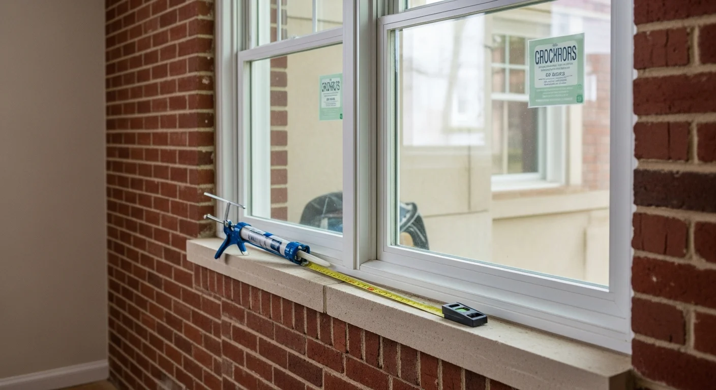 A newly installed double-hung window on the exterior of a brick residential home in Bethesda, Maryland. The window frame is flush with the siding and the glass is clear, showing a well-finished installation on a mid-century style property.