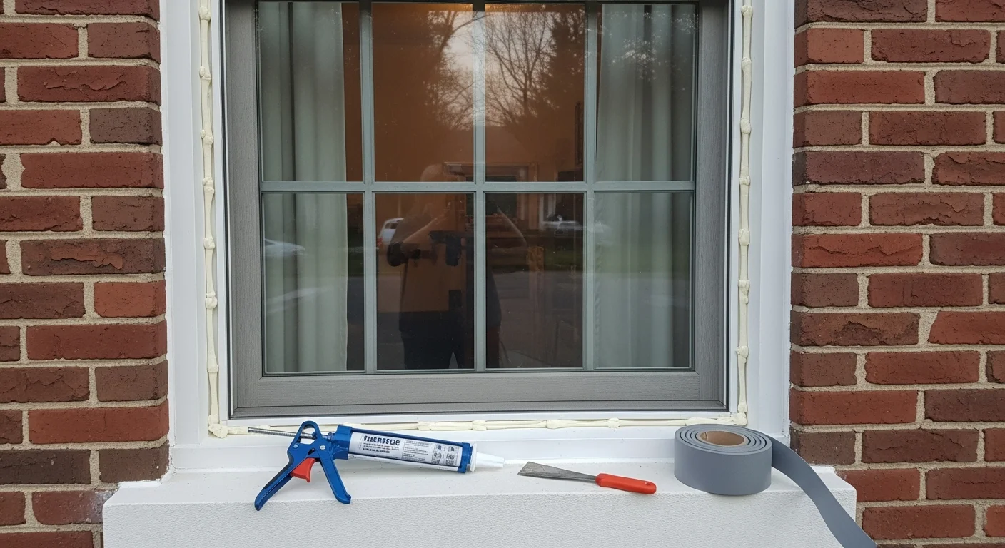A window repair technician resealing a double-pane window frame on a residential home in Bethesda, MD. The repaired window shows a clean, gap-free frame with no visible fogging or damage to the glass.